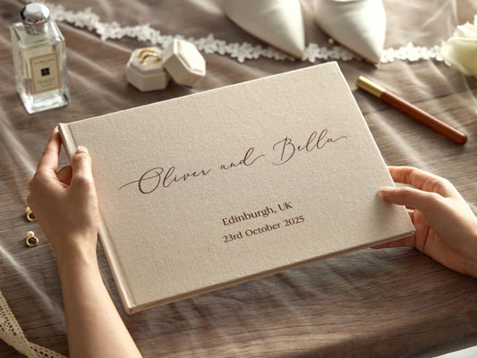 The Emerald Embossed Linen Guestbook - A beautifully crafted linen guestbook with embossed detailing for couples who want something truly special.